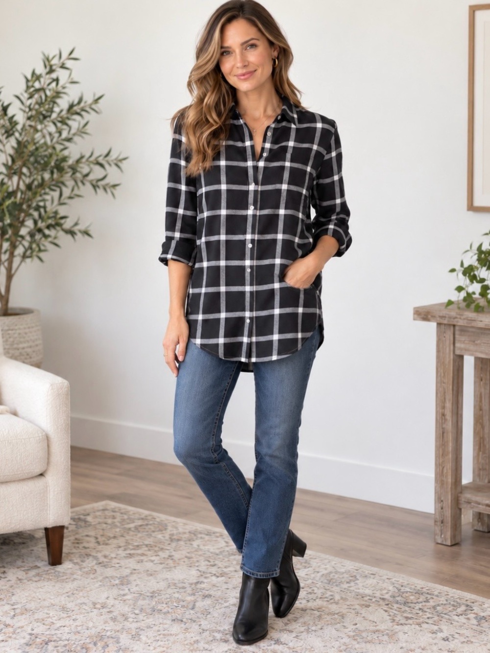 J.Crew Factory Black & White Windowpane Plaid 100% Cotton Button-Down Shirt
